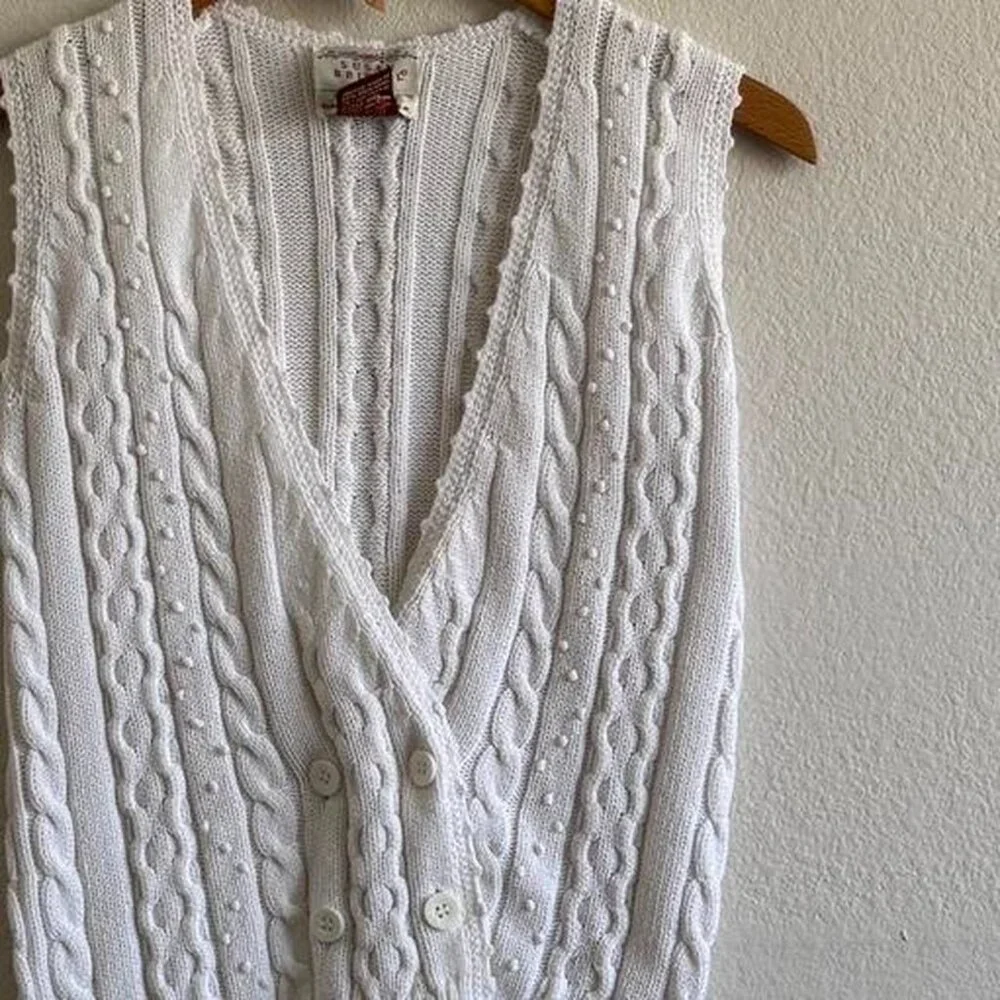 Vintage White Cottage Core Knit Cardigan Button Vest size Small